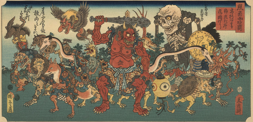 High-resolution ukiyo-e print featuring a collection of various Japanese yokai and supernatural creatures.